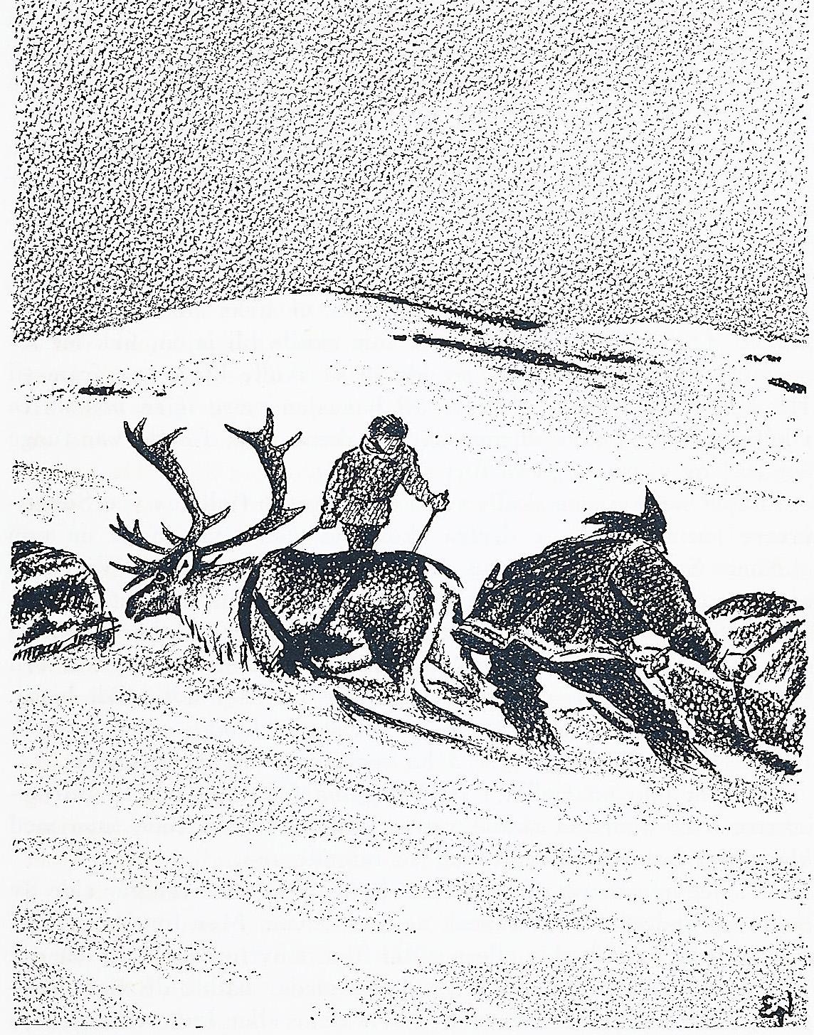 Hunting Reindeer from the Rocks and Winter Scene of Reindeer Pulling a Sled - Realist Print by Unknown