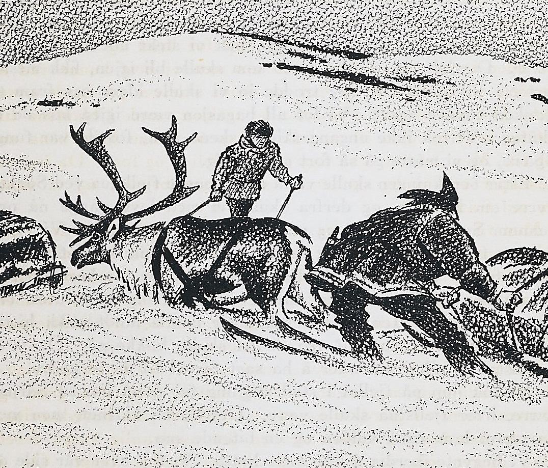 Hunting Reindeer from the Rocks and Winter Scene of Reindeer Pulling a Sled - Black Landscape Print by Unknown