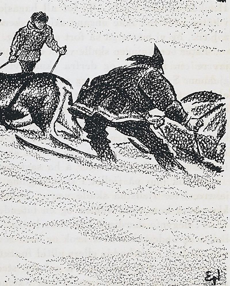 A pair of lithographs, one showing three hunters waiting patiently on the rocks for a good shot, and the other showing a reindeer pulling a sled with two men on skis. Matted with acid-free, 1 3/4 inch coarse weave black linen mat. Framed with a 3/4