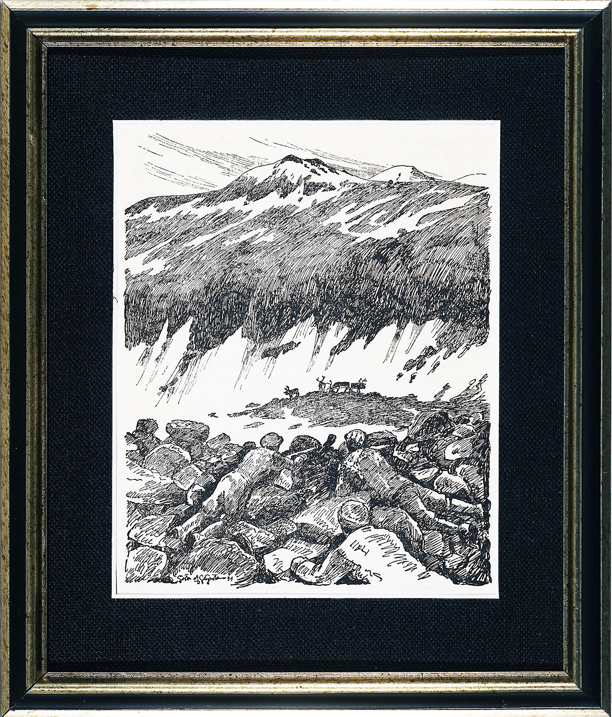 Unknown Landscape Print - Hunting Reindeer from the Rocks and Winter Scene of Reindeer Pulling a Sled
