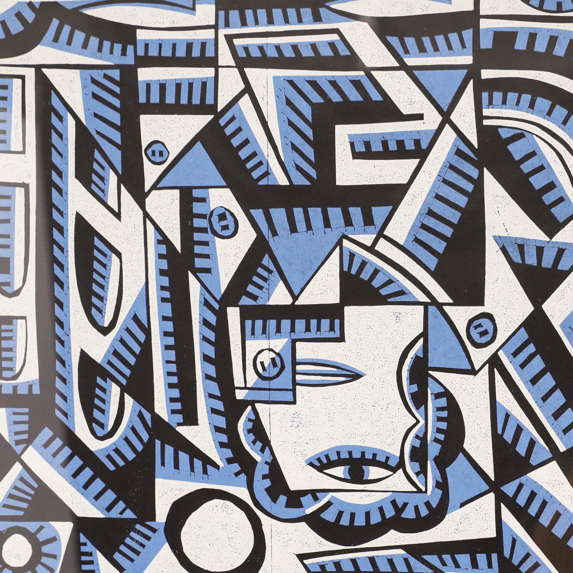 Une œuvre abstraite vibrante en bleu, noir et blanc représentant le pont de Tummel. Label au verso avec titre et inscription de l'artiste. Présenté dans un cadre noir. Sur le papier.