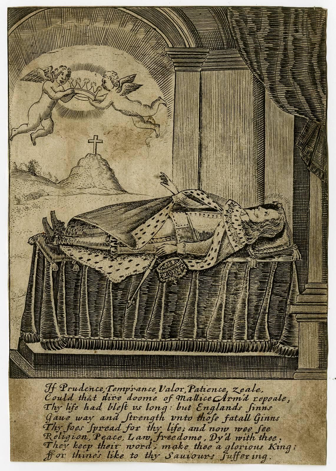 Unknown Figurative Print - If prudence temprance valor [..] - Allegory on the death of Charles I.