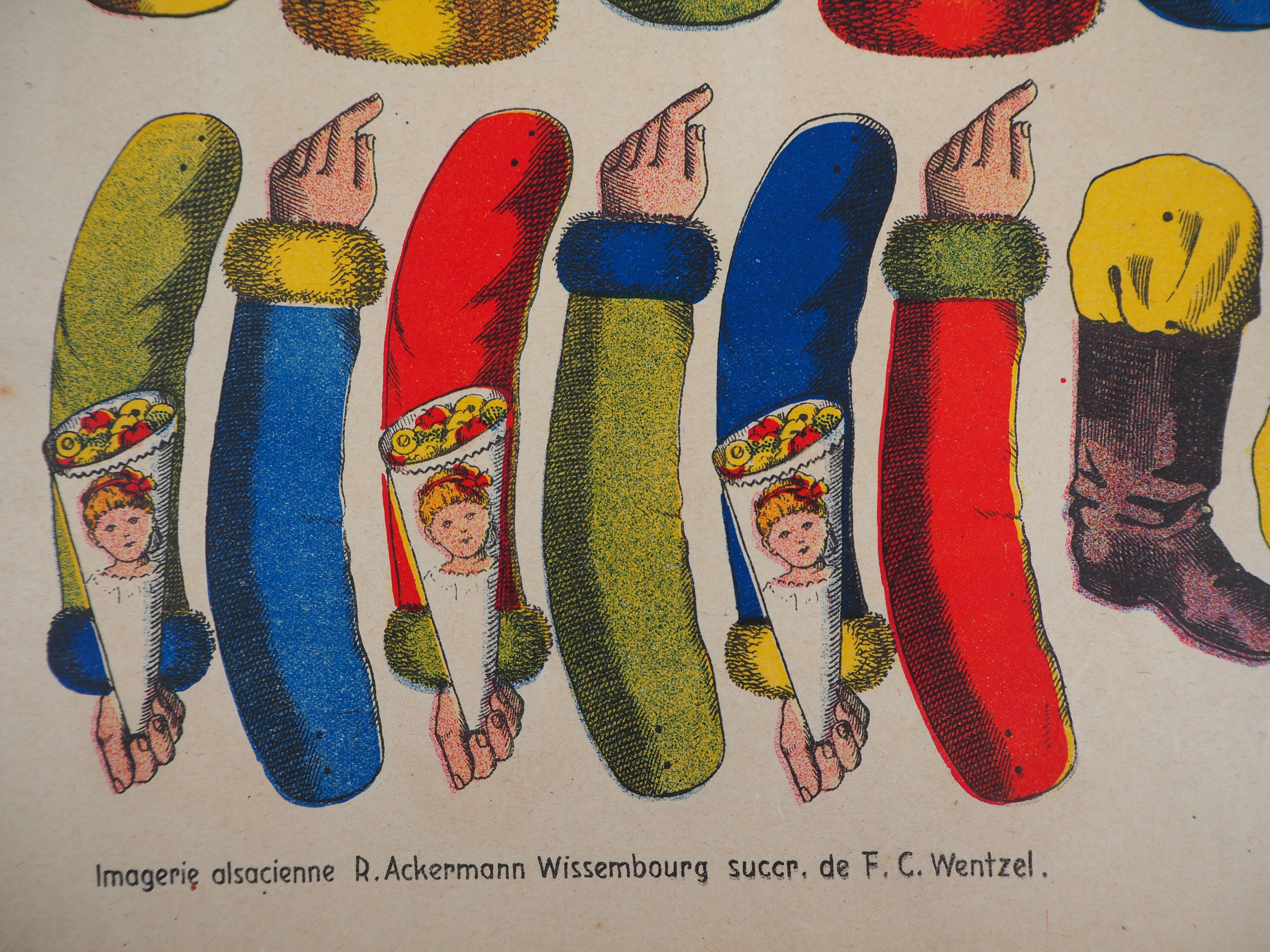 Imagerie de Wissembourg 
Weihnachtsmann, ca. 1906

Lithographie, Holzschnitt und Schablone
Zeichnung von C. Burckardt
Auf  papier 43 x 32,5 cm (ca. 17 x 13 Zoll)

INFORMATION : Imagerie de Wissembourg (gegründet 1837)  war im XIX. Jahrhundert einer