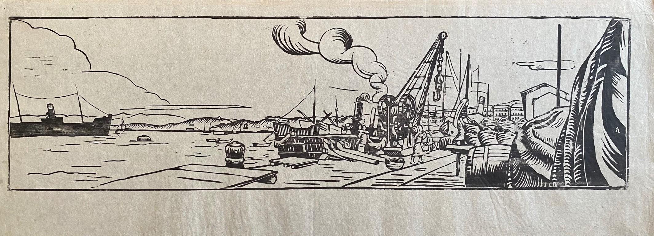 In The Port - Original Woodcut - Early 20th Century