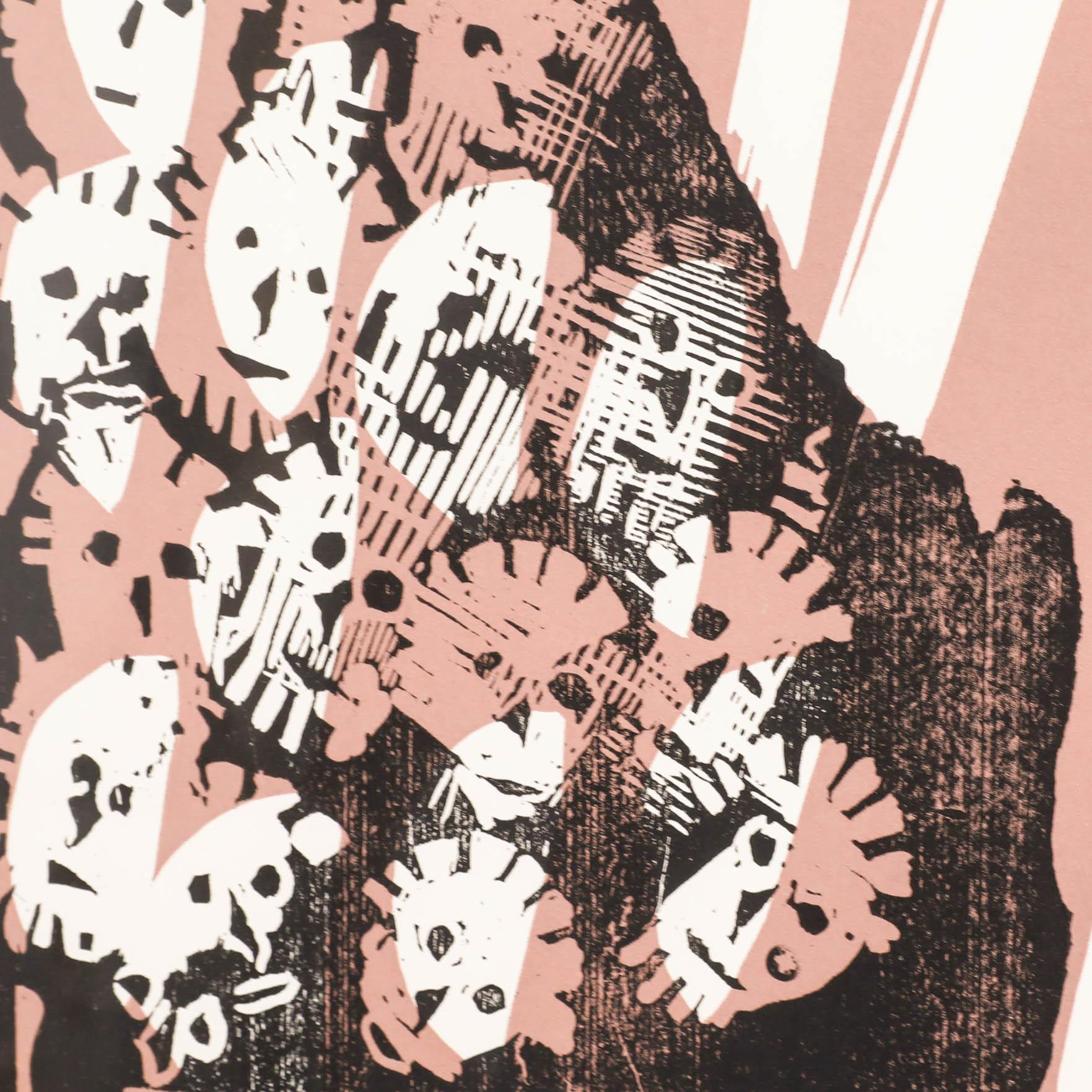 An evocative silkscreen by the artists Ina Barfuss (b.1949) and Thomas Wachweger (1943-2015) depicting a mother shielding her child from ghostly abstract faces. As husband and wife, Barfuss and Wachweger often collaborated, usually working on the