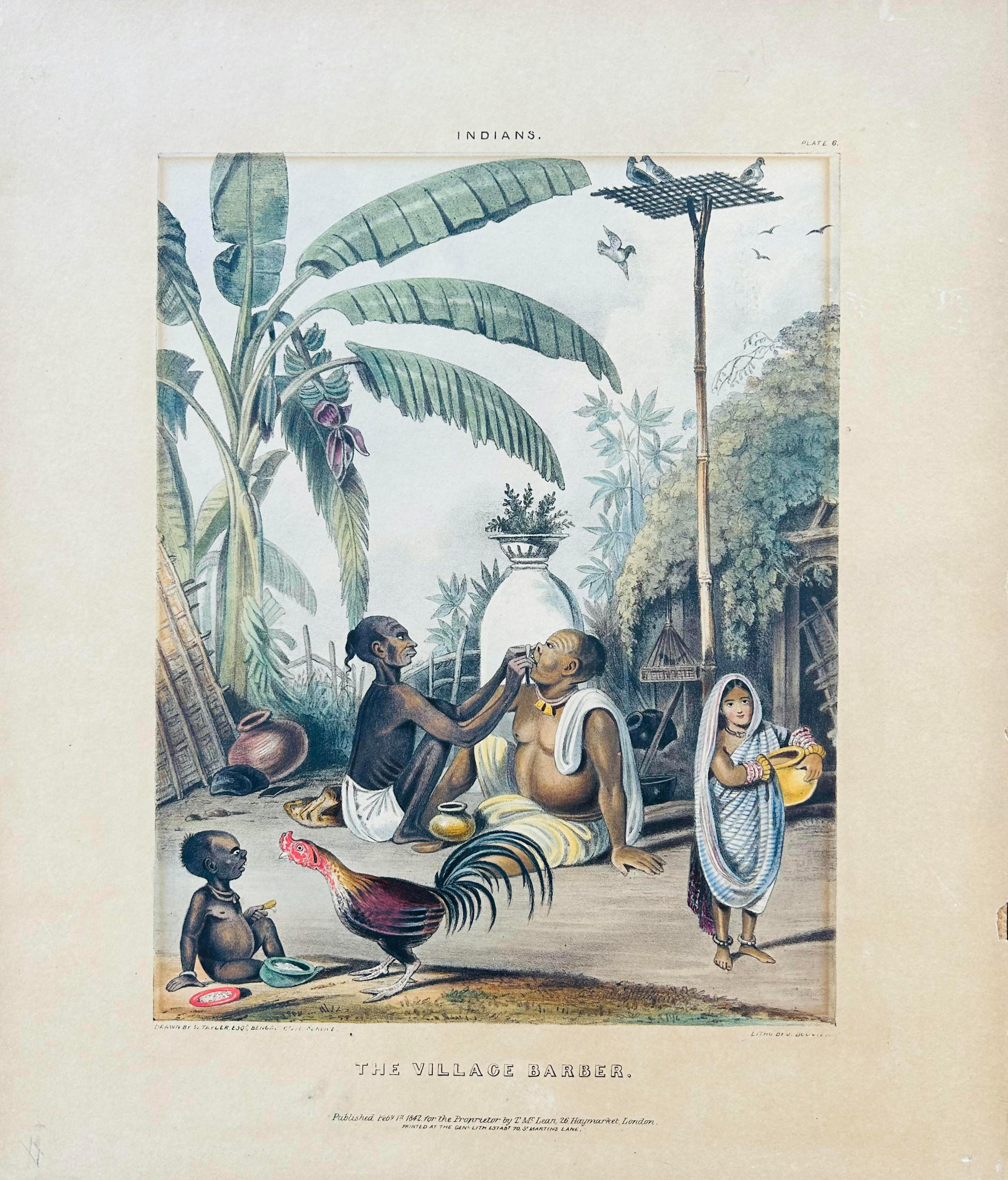 India Listed artist 19th Century Hand Coloured Lithograph Village scene palms For Sale 2