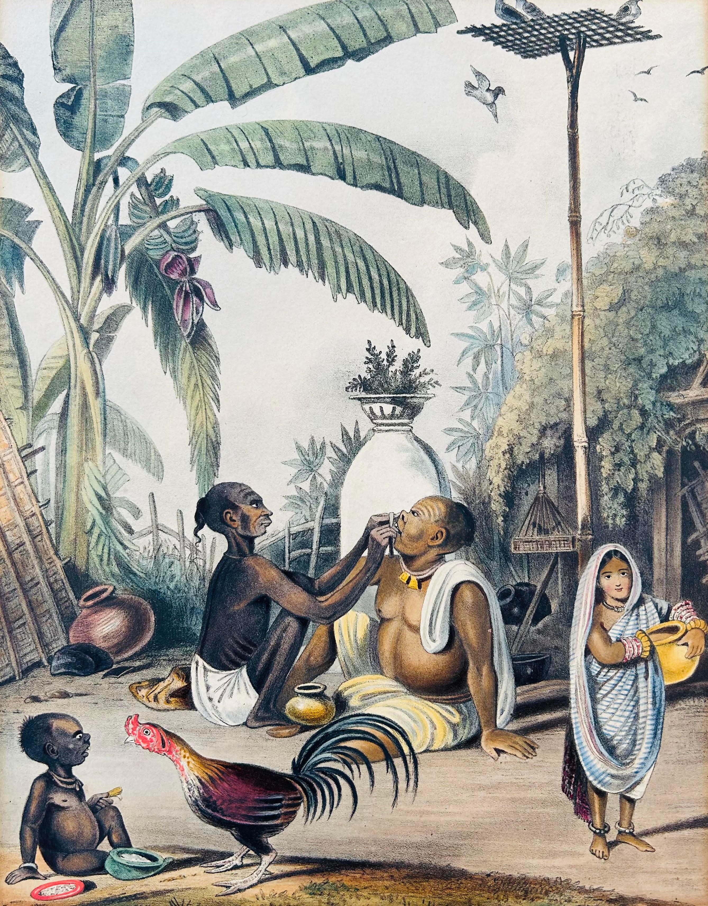 India Listed artist 19th Century Hand Coloured Lithograph Village scene palms For Sale 4