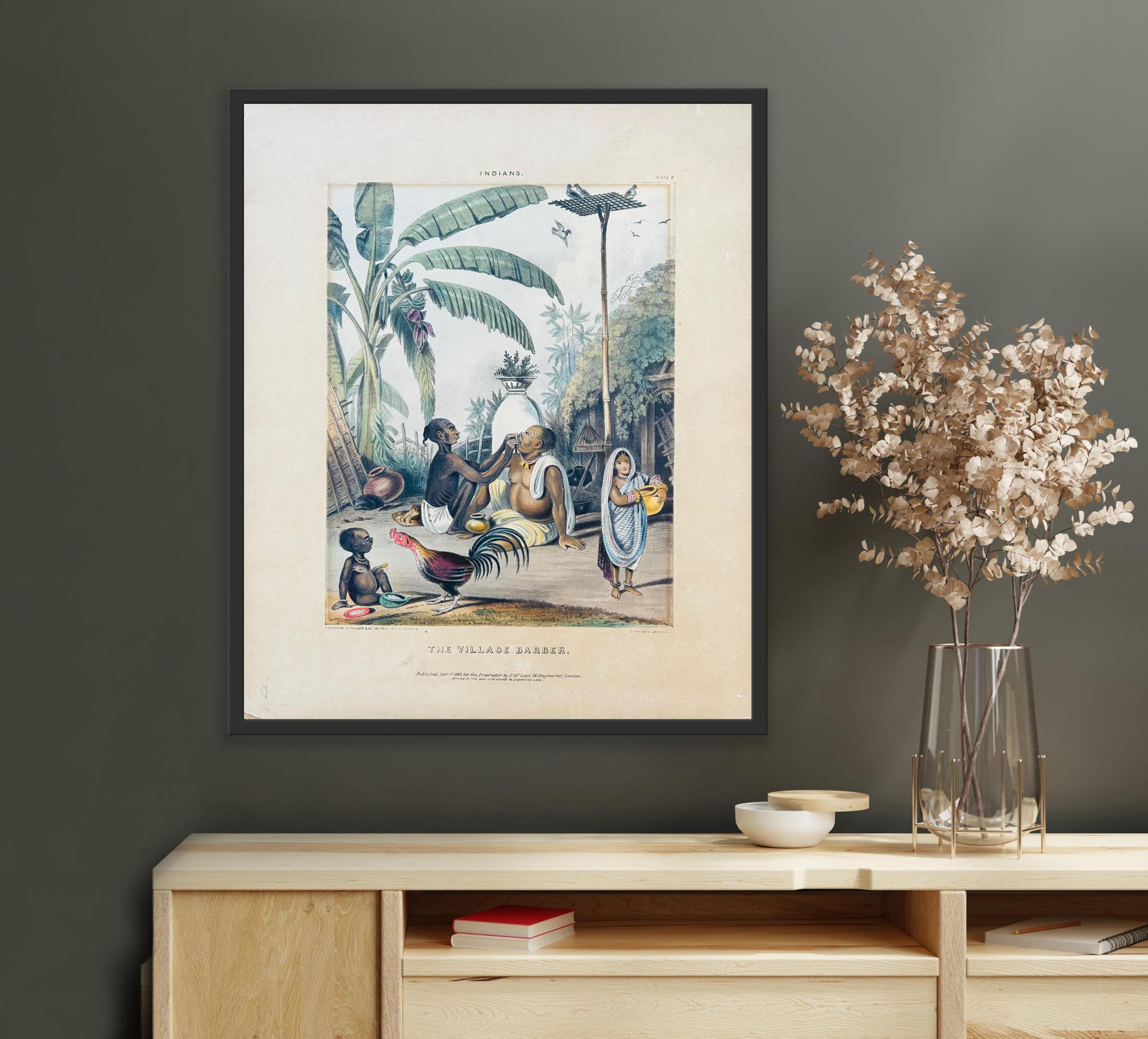 India Listed artist 19th Century Hand Coloured Lithograph Village scene palms For Sale 6
