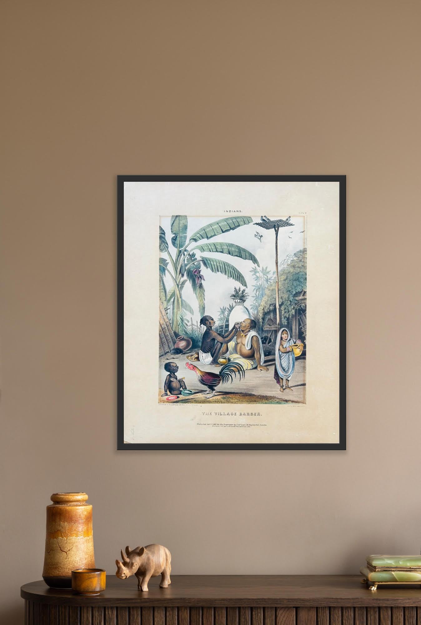 India Listed artist 19th Century Hand Coloured Lithograph Village scene palms For Sale 8