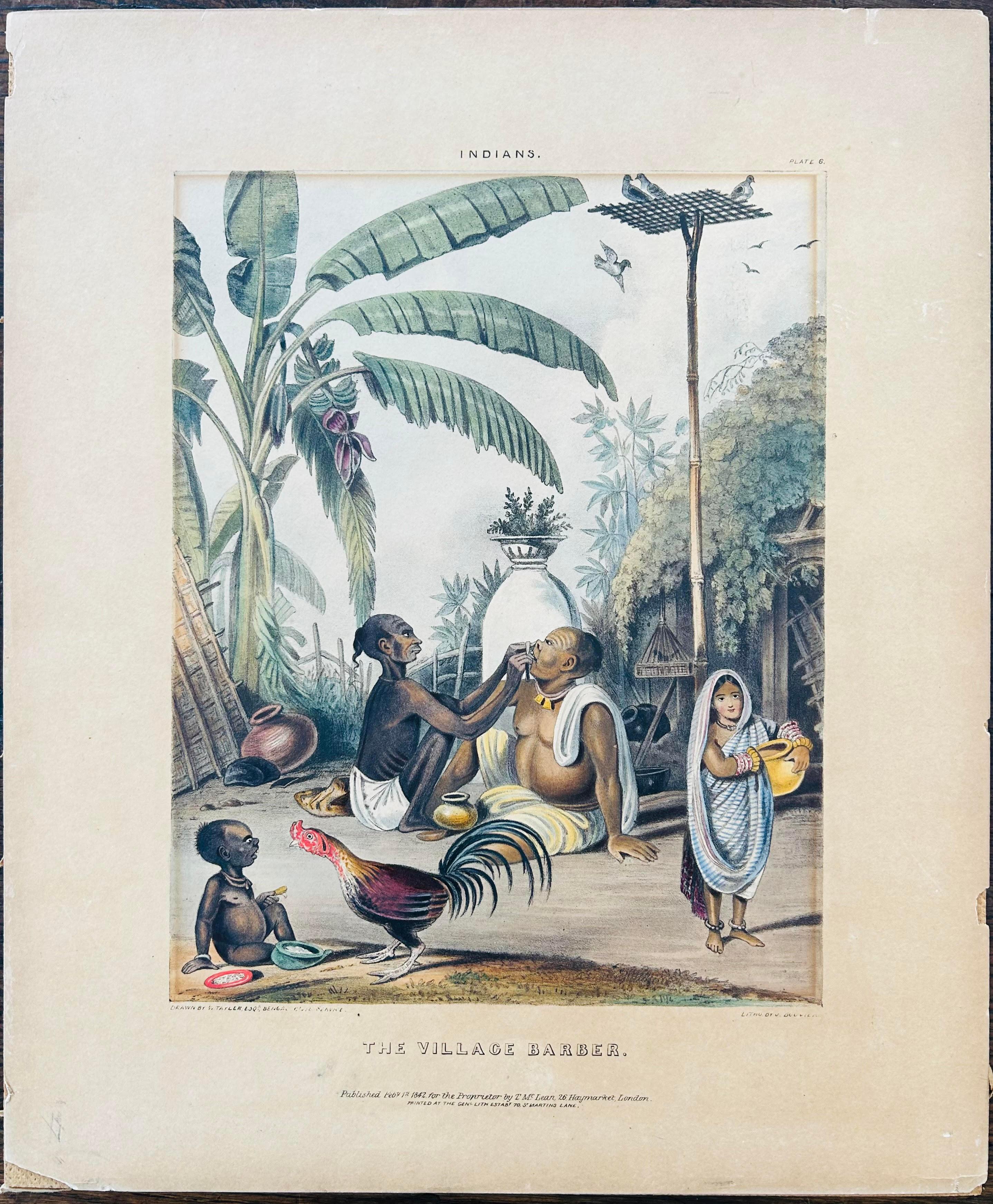 India Listed artist 19th Century Hand Coloured Lithograph Village scene palms - Print by Unknown
