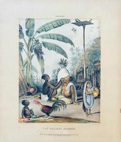 India Artista cotizada Siglo XIX Litografía coloreada a mano Escena de pueblo palmeras