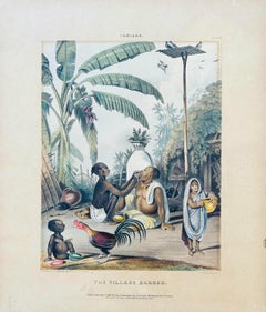 Antique India Listed artist 19th Century Hand Coloured Lithograph Village scene palms