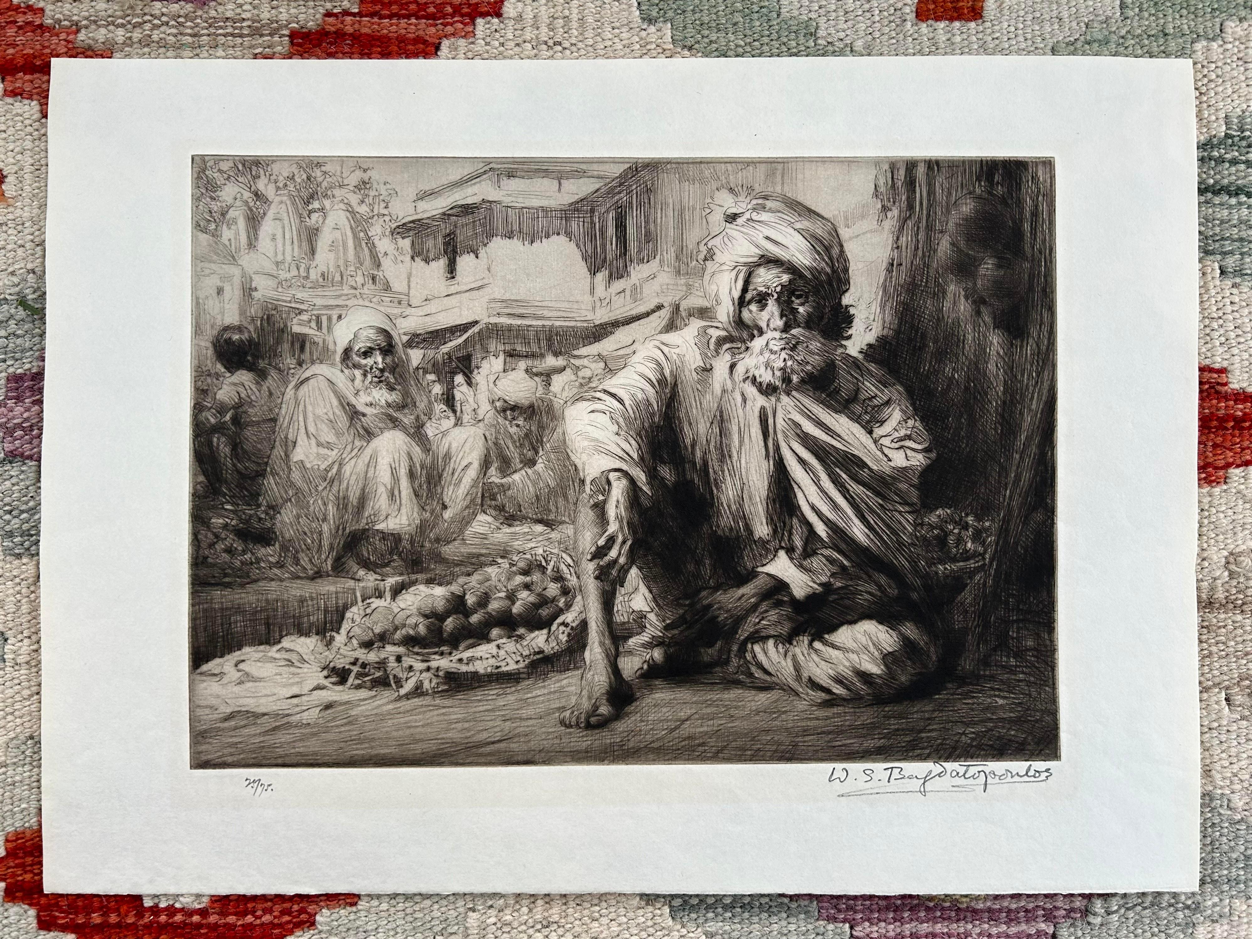 India Rare Edition 25/75 Engraving In the Bazaar Bijapur 1929 W Bagdatopolus - Print by Unknown