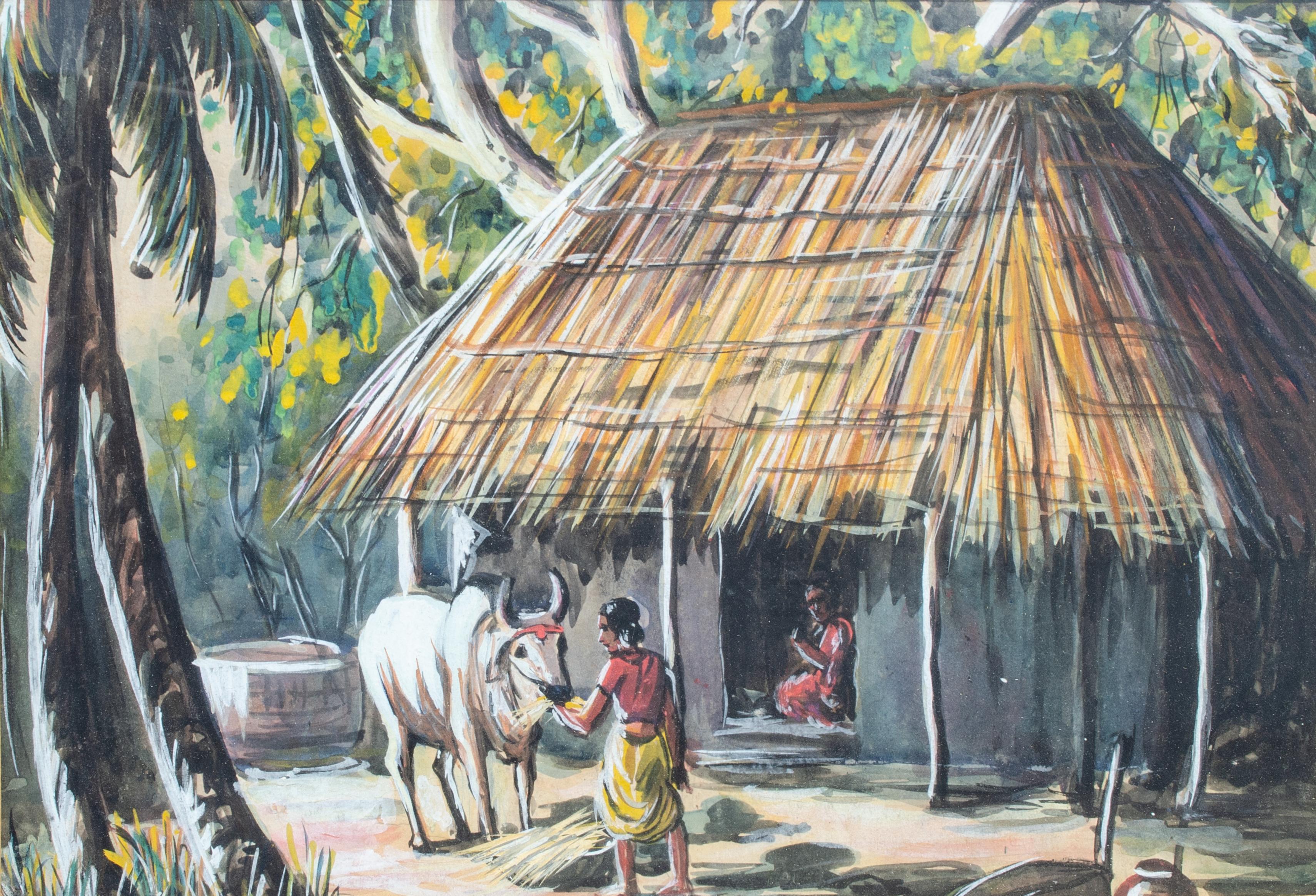 Indischer Volkskunstdruck eines Dschungelhauses – Print von Unknown