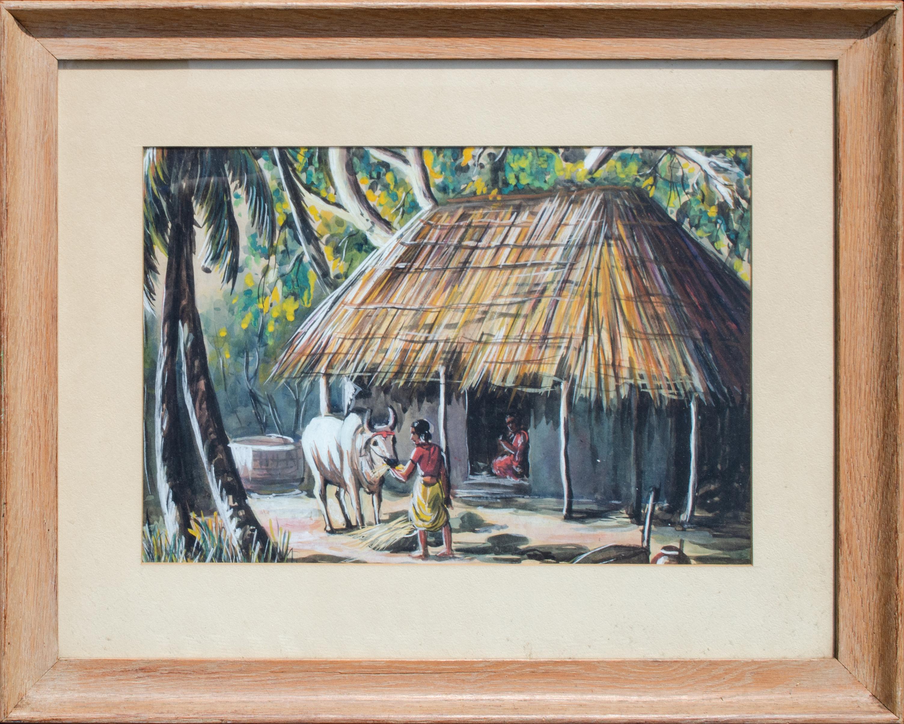 Unknown Landscape Print – Indischer Volkskunstdruck eines Dschungelhauses