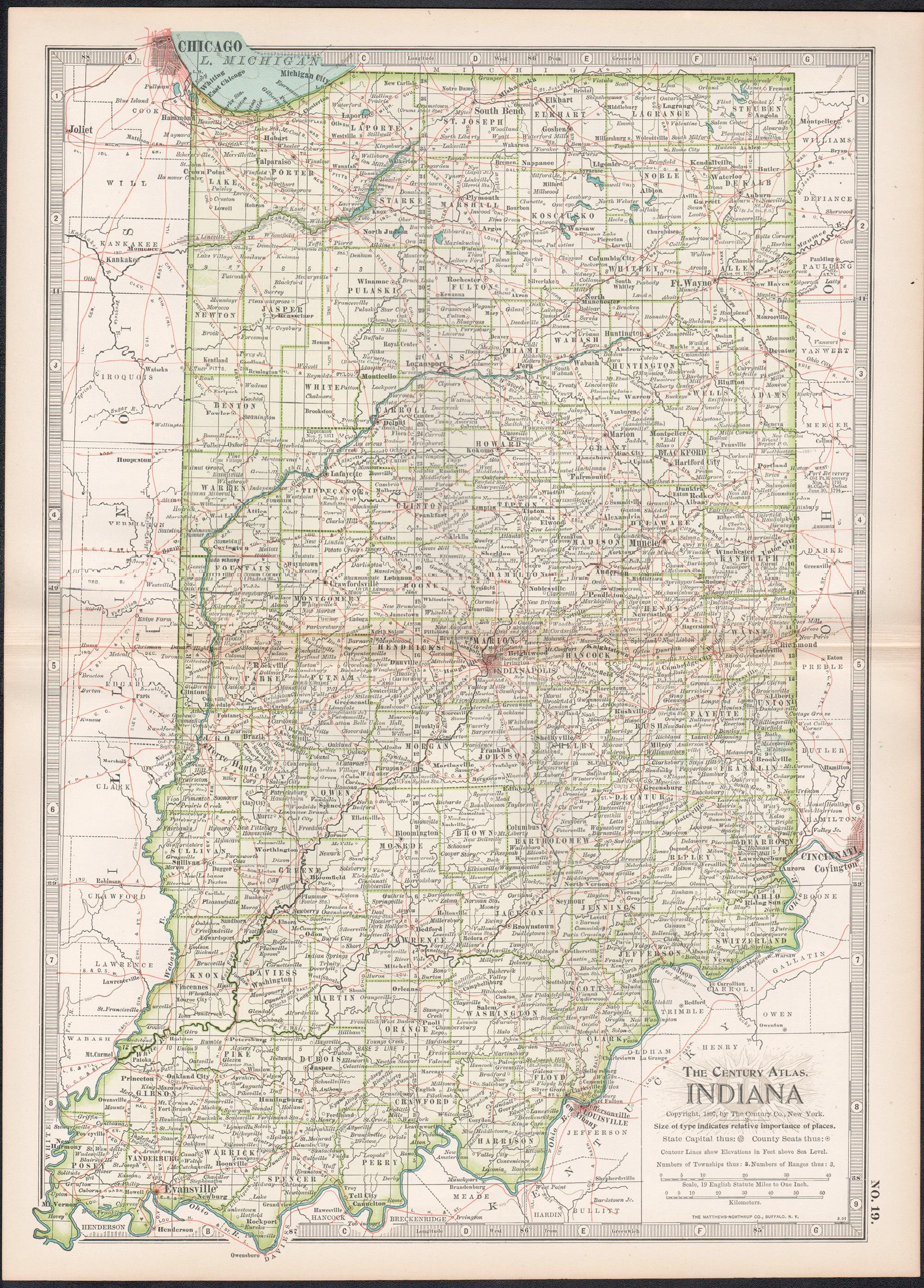Indiana. USA. Century Atlas state antique vintage map - Print by Unknown