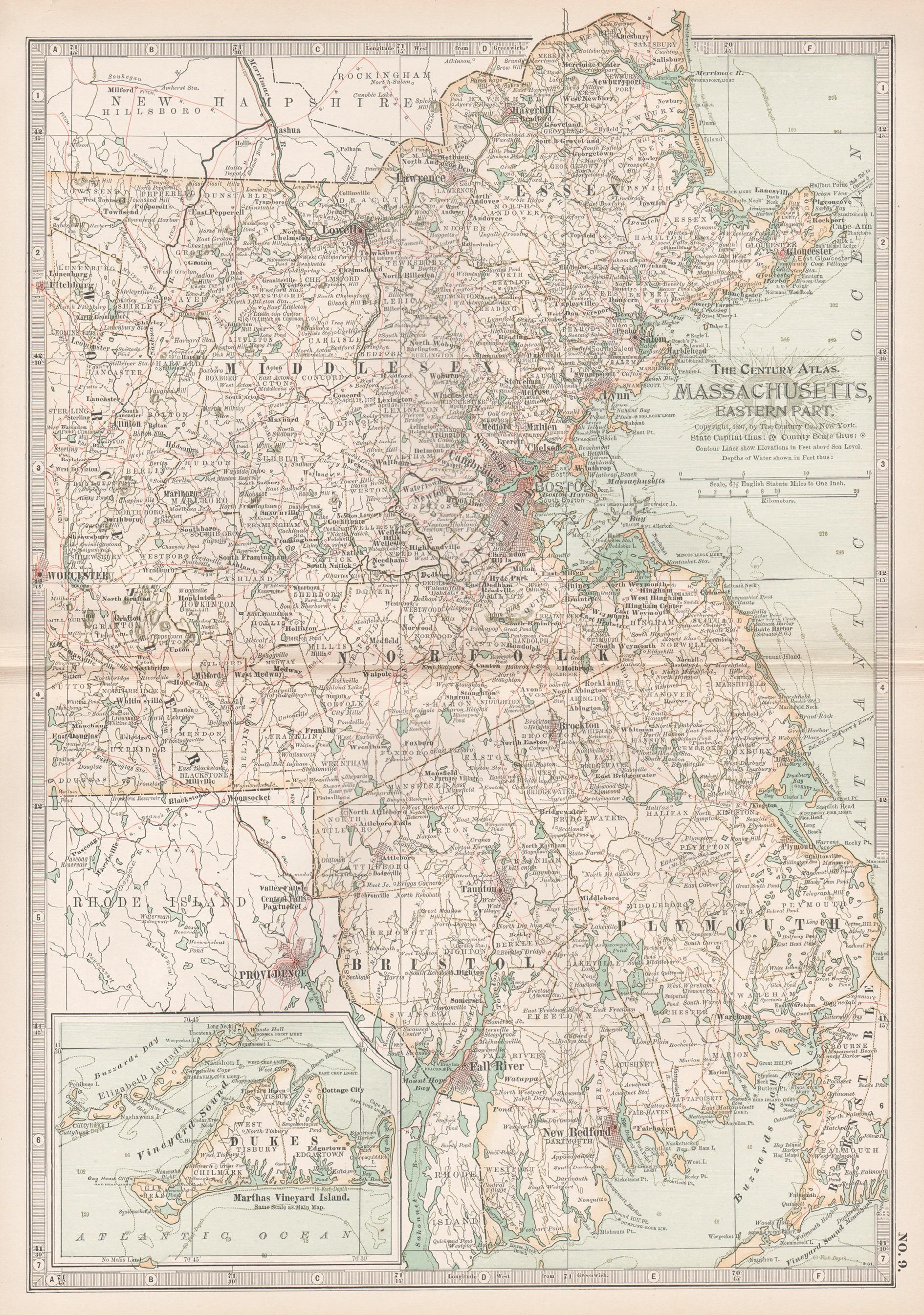 Unknown Print - Massachusetts, Eastern Part. USA. Century Atlas state antique vintage map