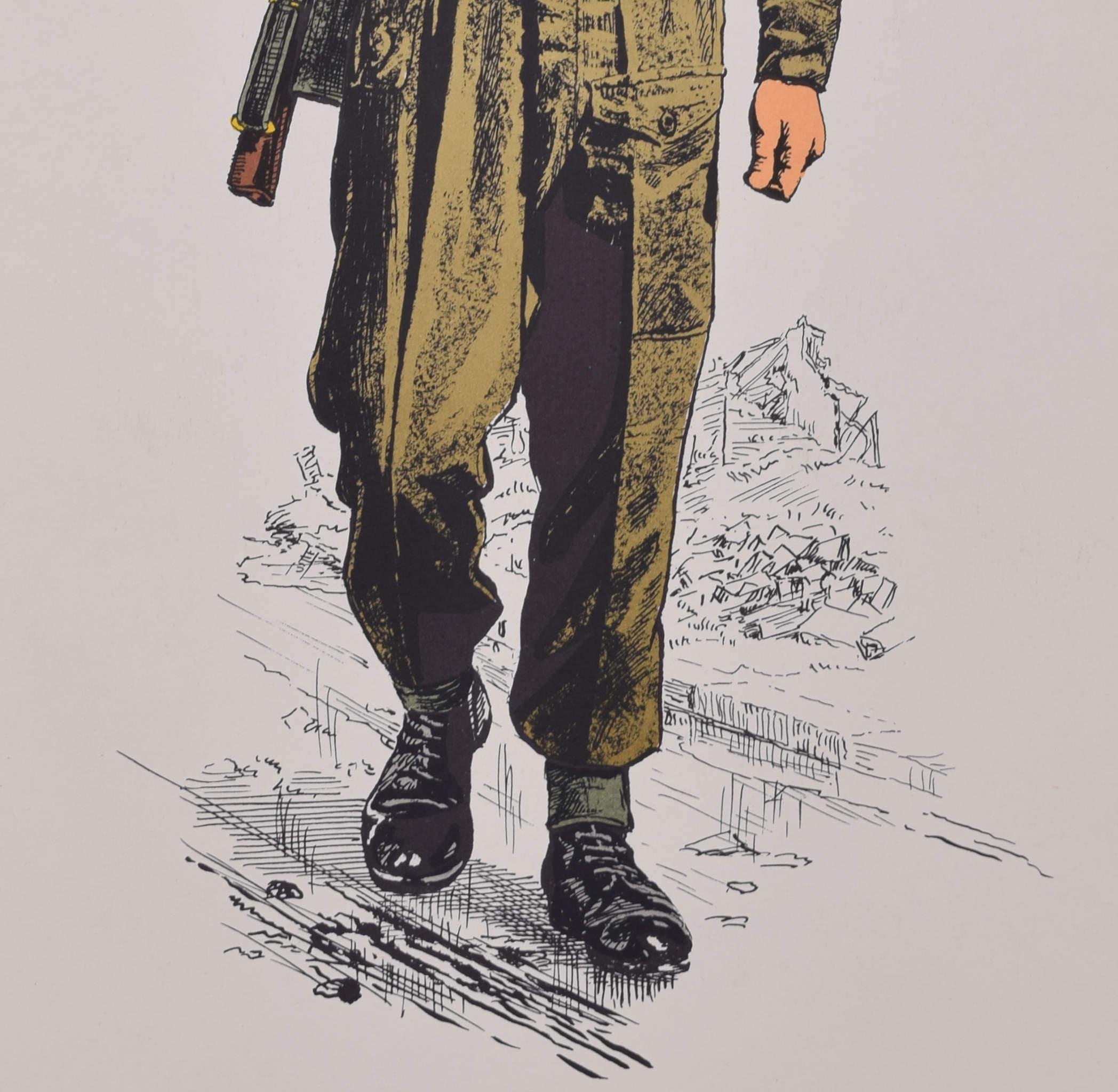 Infanterist 1939 - 1945 Uniform
Lithographie
50 x 31 cm

Produziert für das Institute of Army Education. Gedruckt für das HM Stationery Office von I A Limited, Southall 51.

Diese Plakate wurden vom Institut für Armeeerziehung hergestellt,