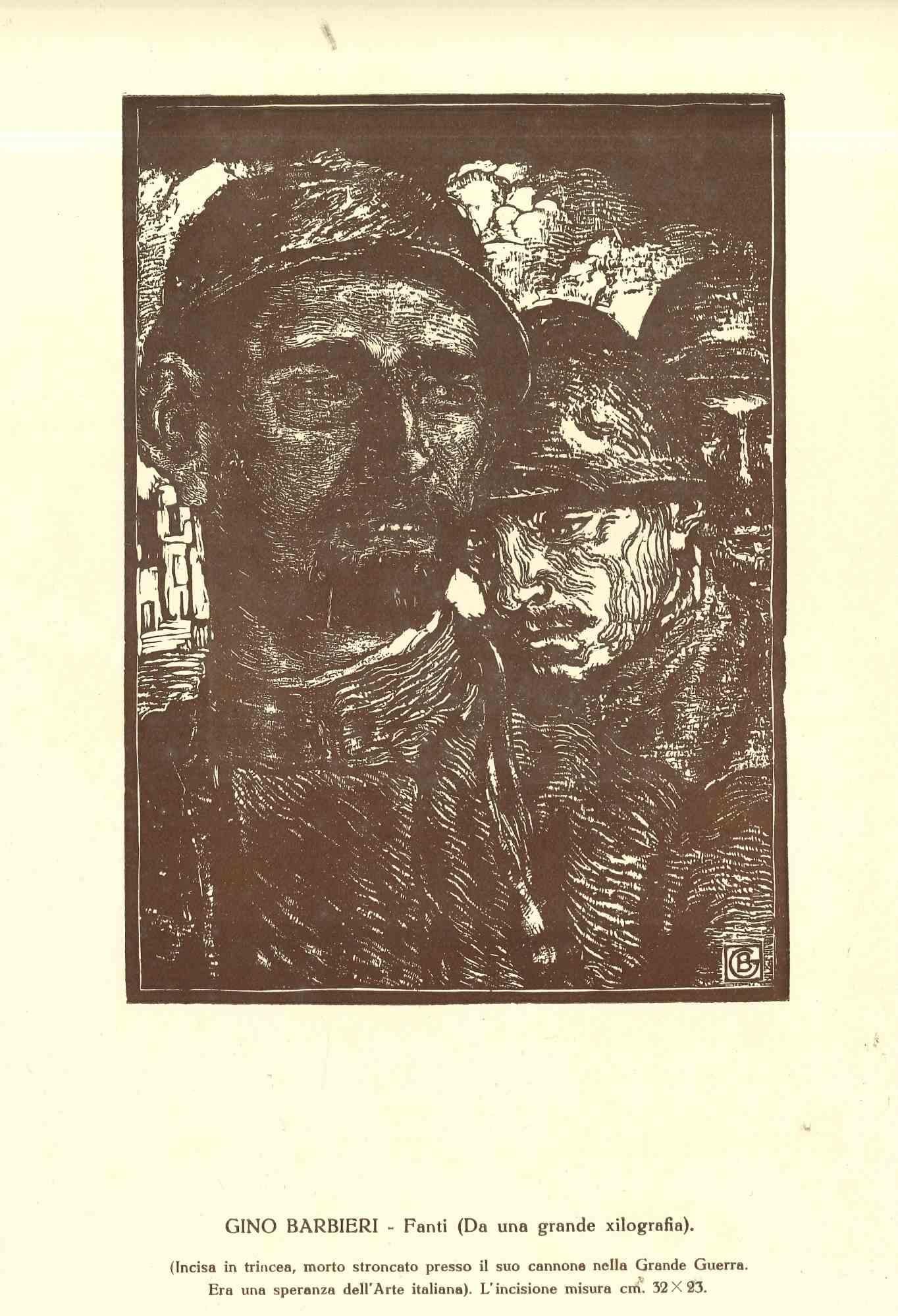 Infantryman - Original Holzschnitt von Gino Barbieri - Anfang des 20. Jahrhunderts