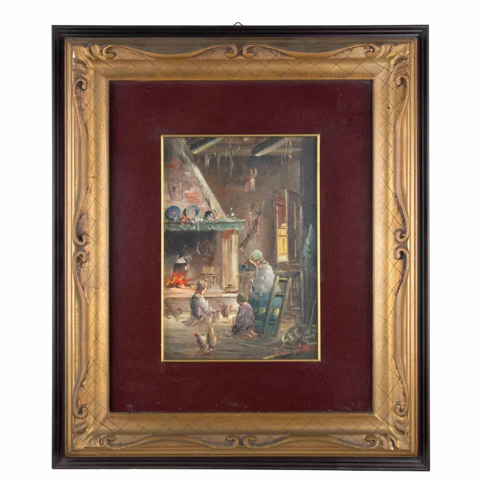 Figurative Print de Unknown - Dentro de la casa - Pintura al óleo de Mario Fattori - Años 70