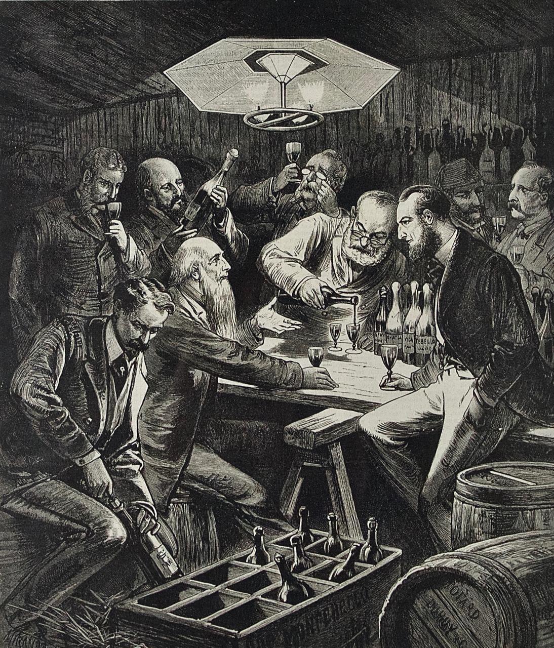 « Inspection Tour in the Wine Vaults », 1876, exposition du centenaire de Philadelphie  - Print de Unknown