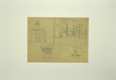 Interior de una tienda de comestibles - Dibujo original a lápiz - Mediados del siglo XX
