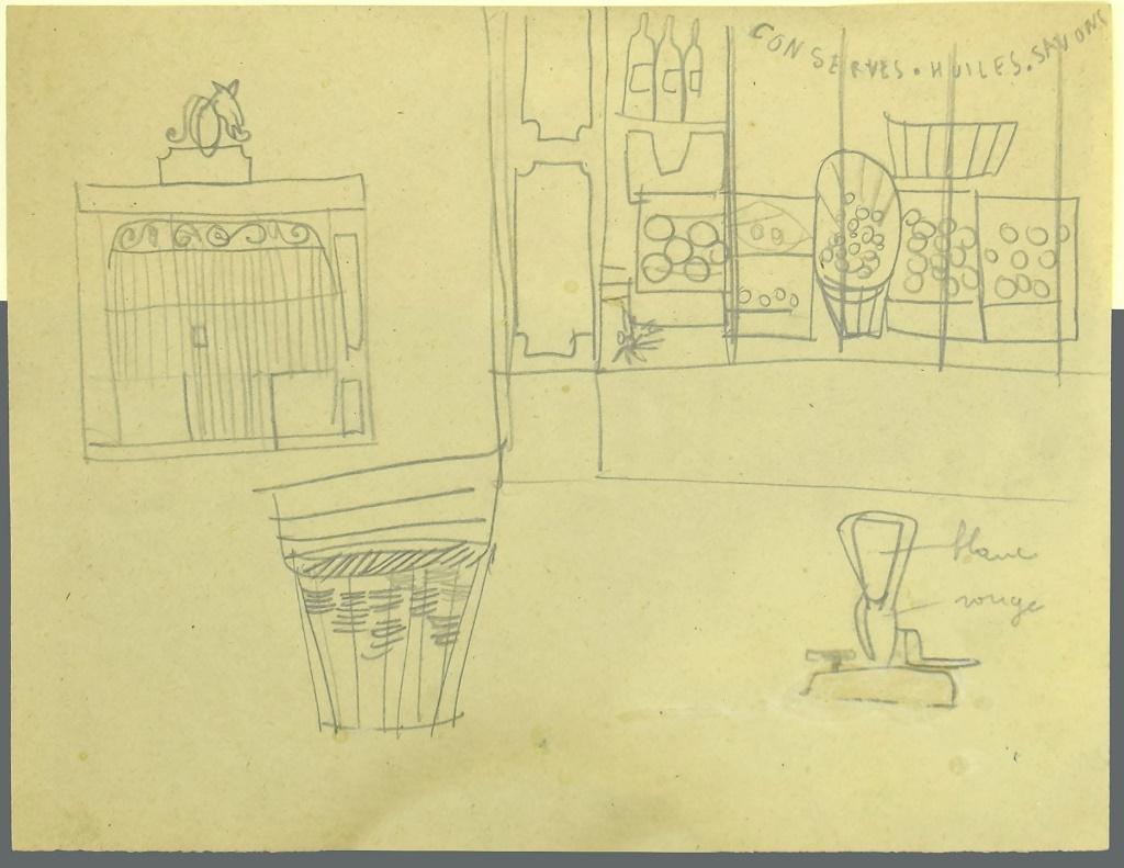 Interior of Grocery Store - Original Pencil Drawing - Mid-20th Century