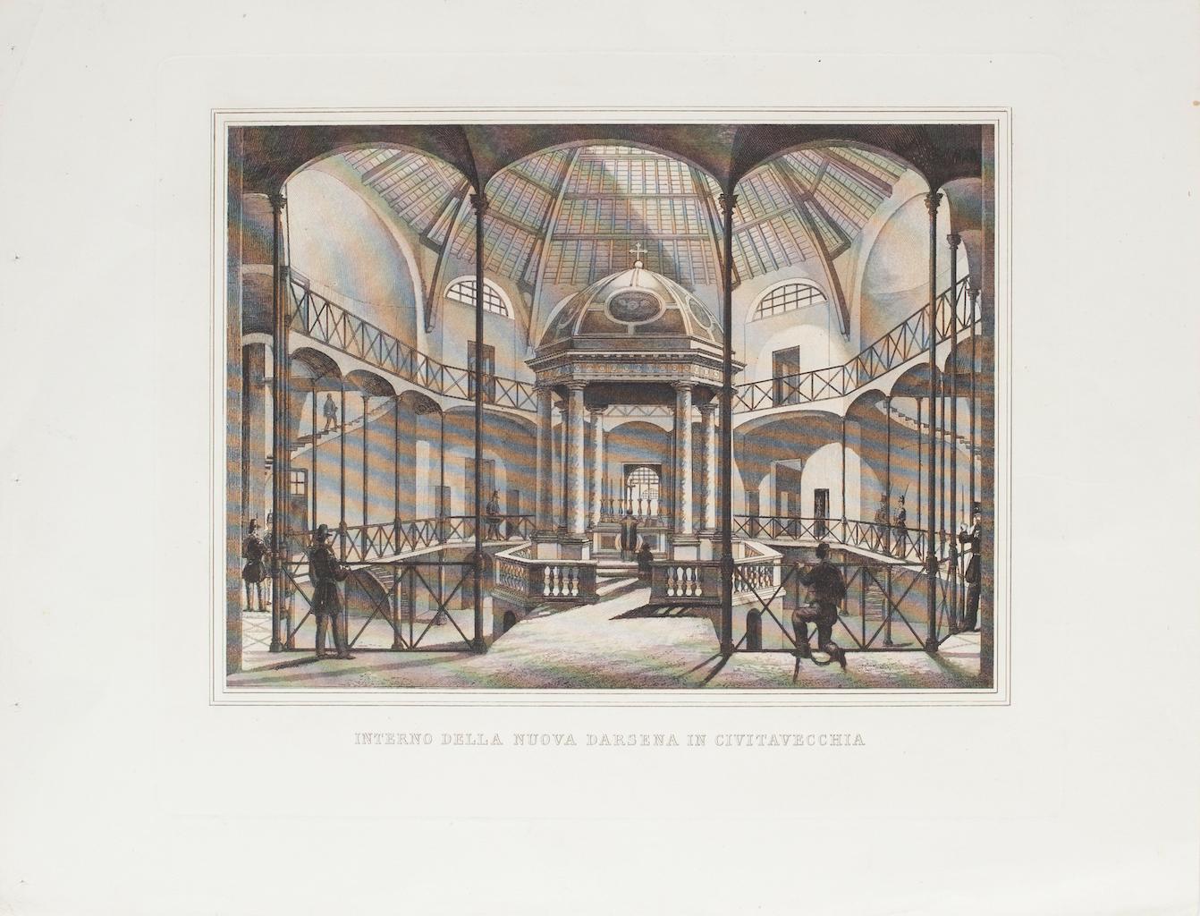 Unknown Figurative Print – Interior of New Darsena – Original-Radierung des Innenraums – 19. Jahrhundert