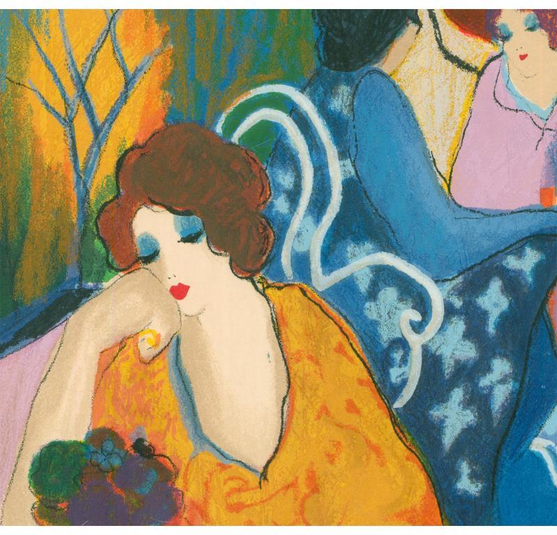 A fine limited edition silk screen depicting seated women in an atmospheric cafe setting. The artist Isaac Tarkay captures the scene in vibrant colours and soft abstract forms in his signature, unique style. Signed to the lower right. Numbered