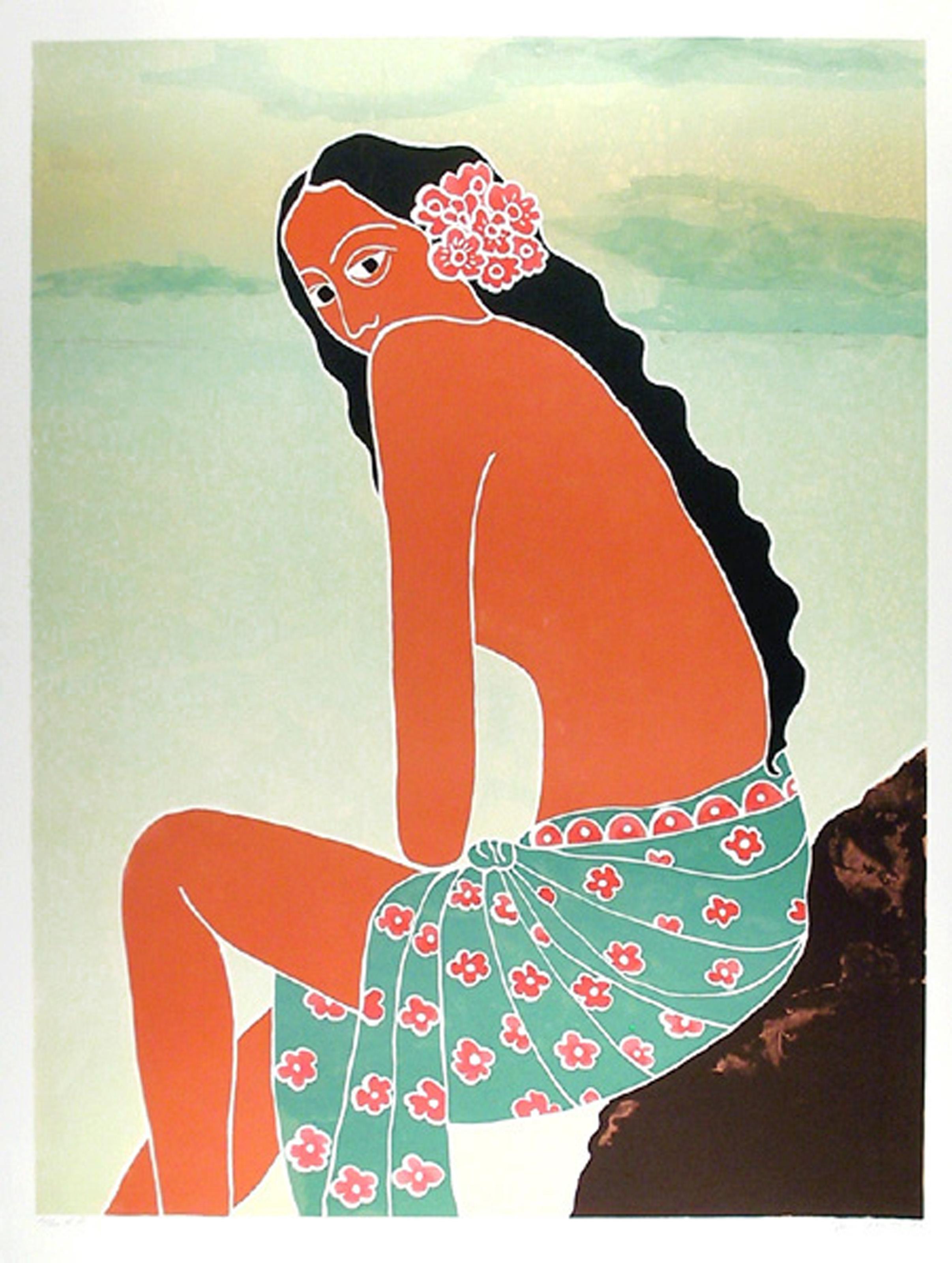 Gina Lombardi Bratter, estadounidense - Island Girl, Año:  1980, Medio:  Litografía, firmada y numerada a lápiz, Edición:  AP 30, Talla:  86,36 cm x 63,5 cm, Descripción:  Sentada en el borde de una roca en el agua poco profunda, la mujer de