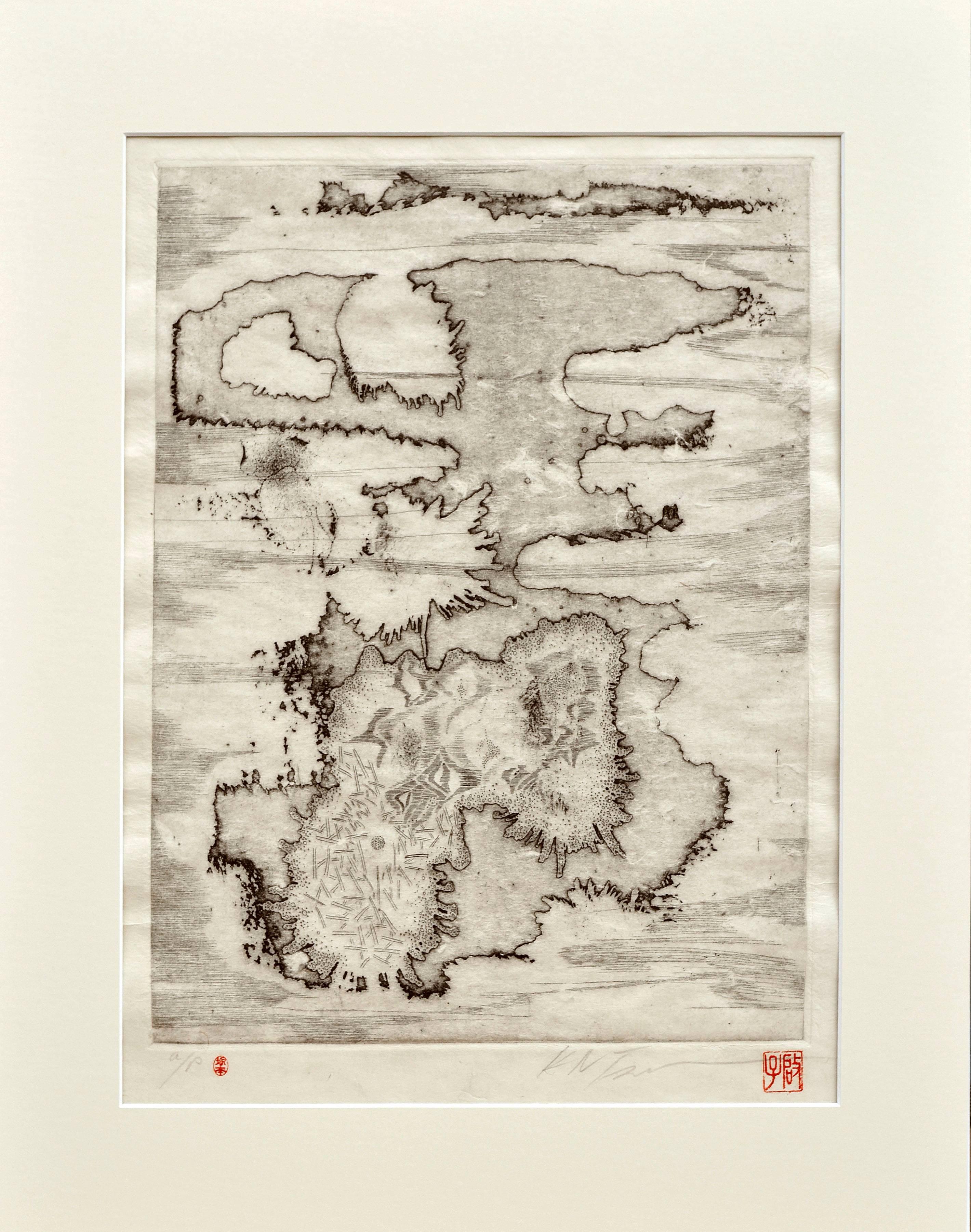 K. N. Tsukamoto Abstract Print - Mid Century Islands Woodblock