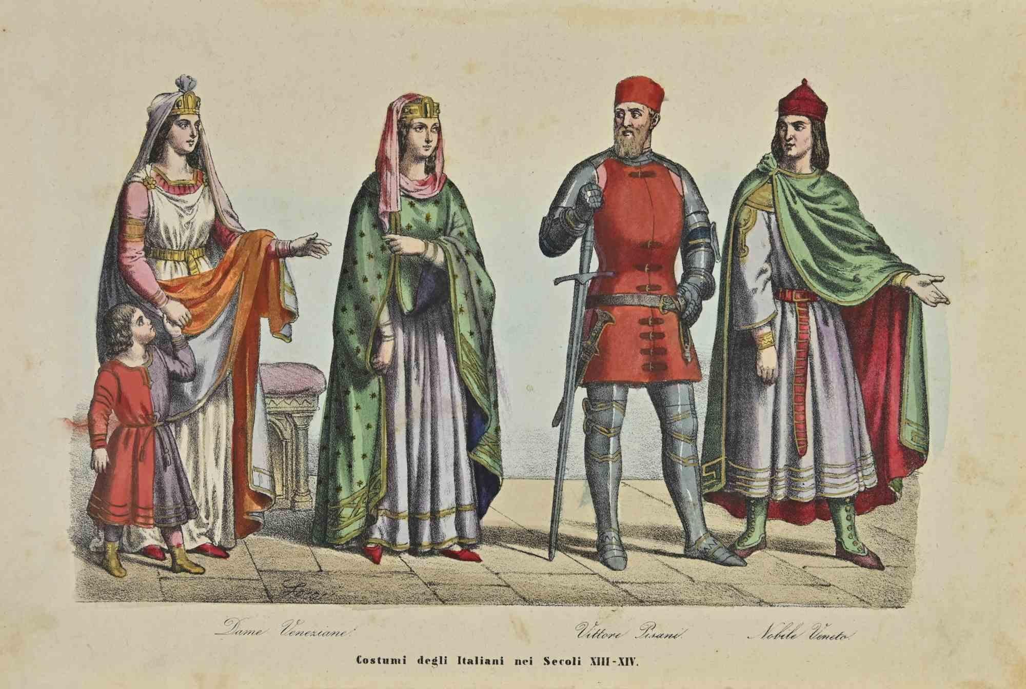 Unknown Figurative Print - Italian Costumes of the 13th and 14th Centuries - Lithograph - 1862