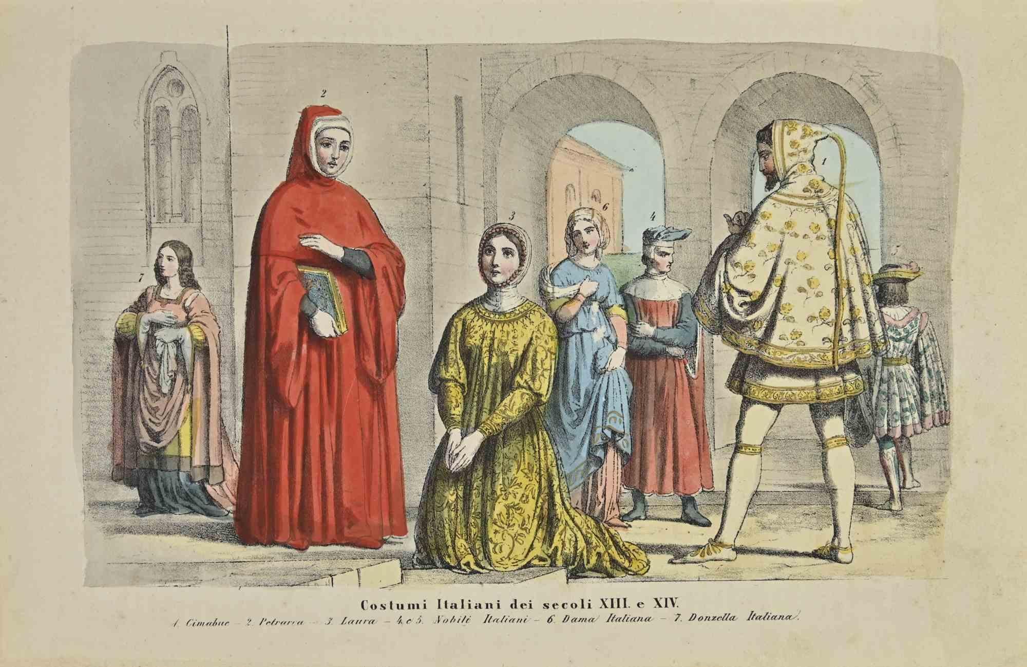 Unknown Figurative Print - Italian Costumes of the 13th and 14th centuries - Lithograph - 1862