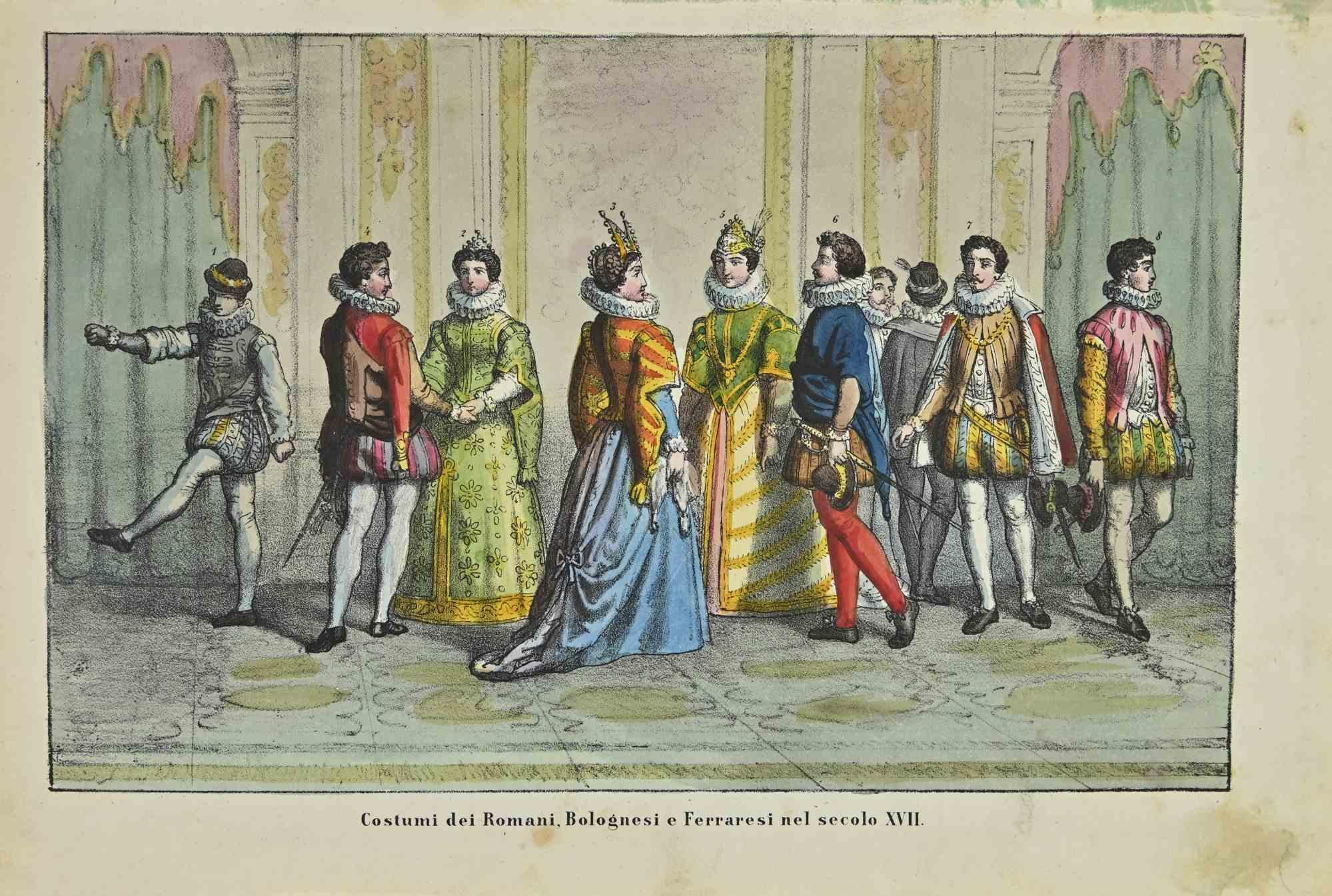 Unknown Figurative Print - Italian Costumes of the 17th century - Lithograph - 1862