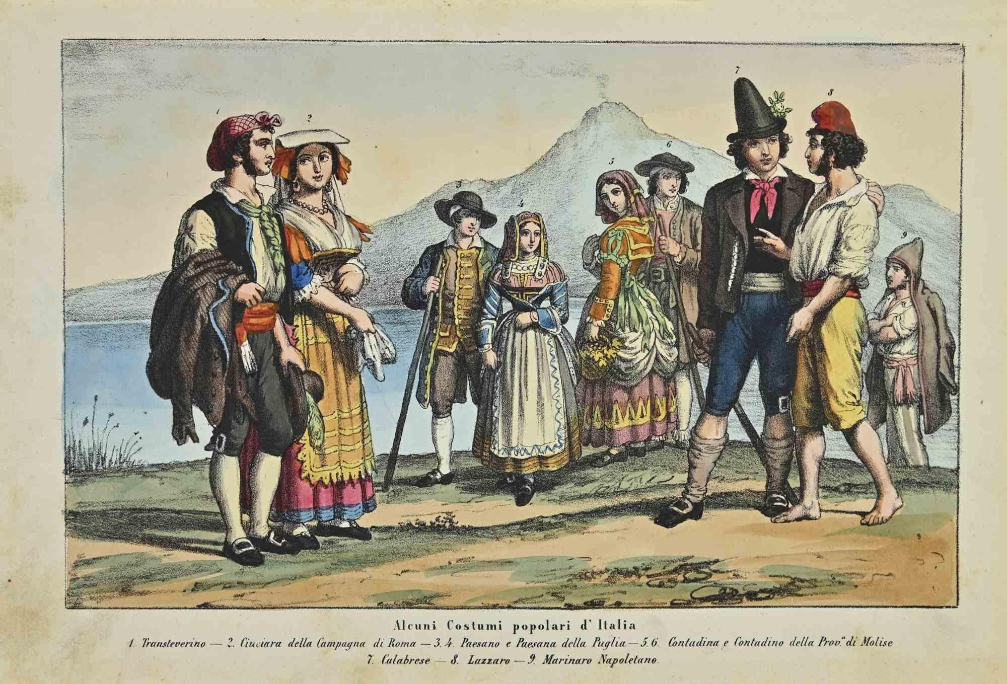 Figurative Print di Unknown - Costumi popolari italiani - Litografia - 1862