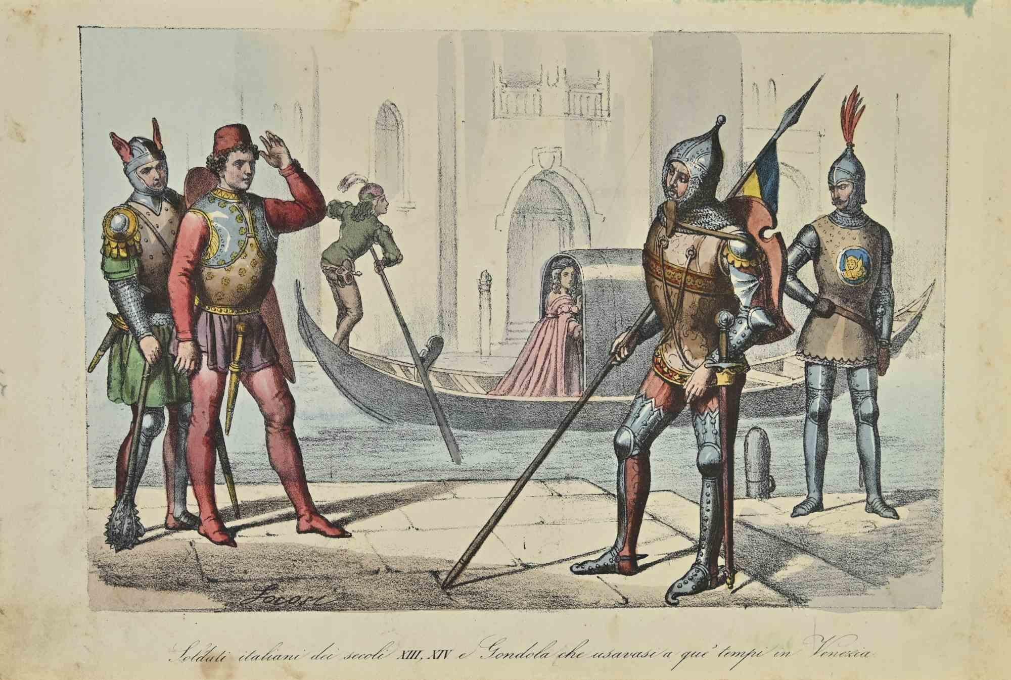 Unknown Figurative Print - Italian Soldiers of the 13th and 14th Centuries - Lithograph - 1862
