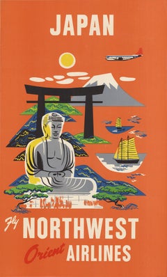 Japan Fly Northwest Orient Airlines original vintage travel poster