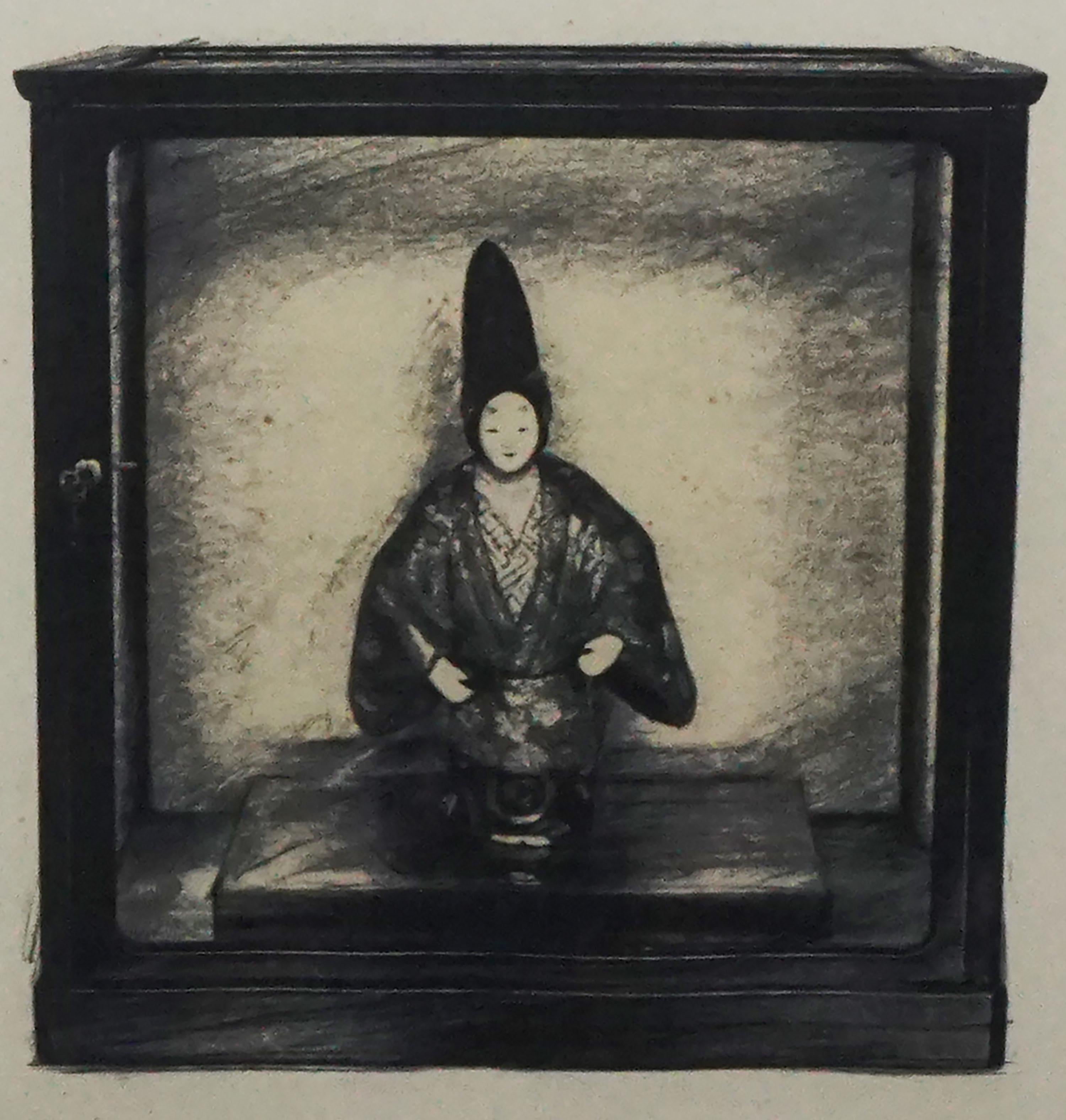 Muñeca Diarista Japonesa en Estuche de Cristal - Serigrafía - Figurative Print Gris de Unknown