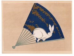 Japanese Fan with Rabbit Woodblock Print