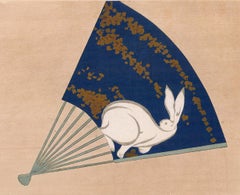 Japanese Fan with Rabbit Woodblock Print