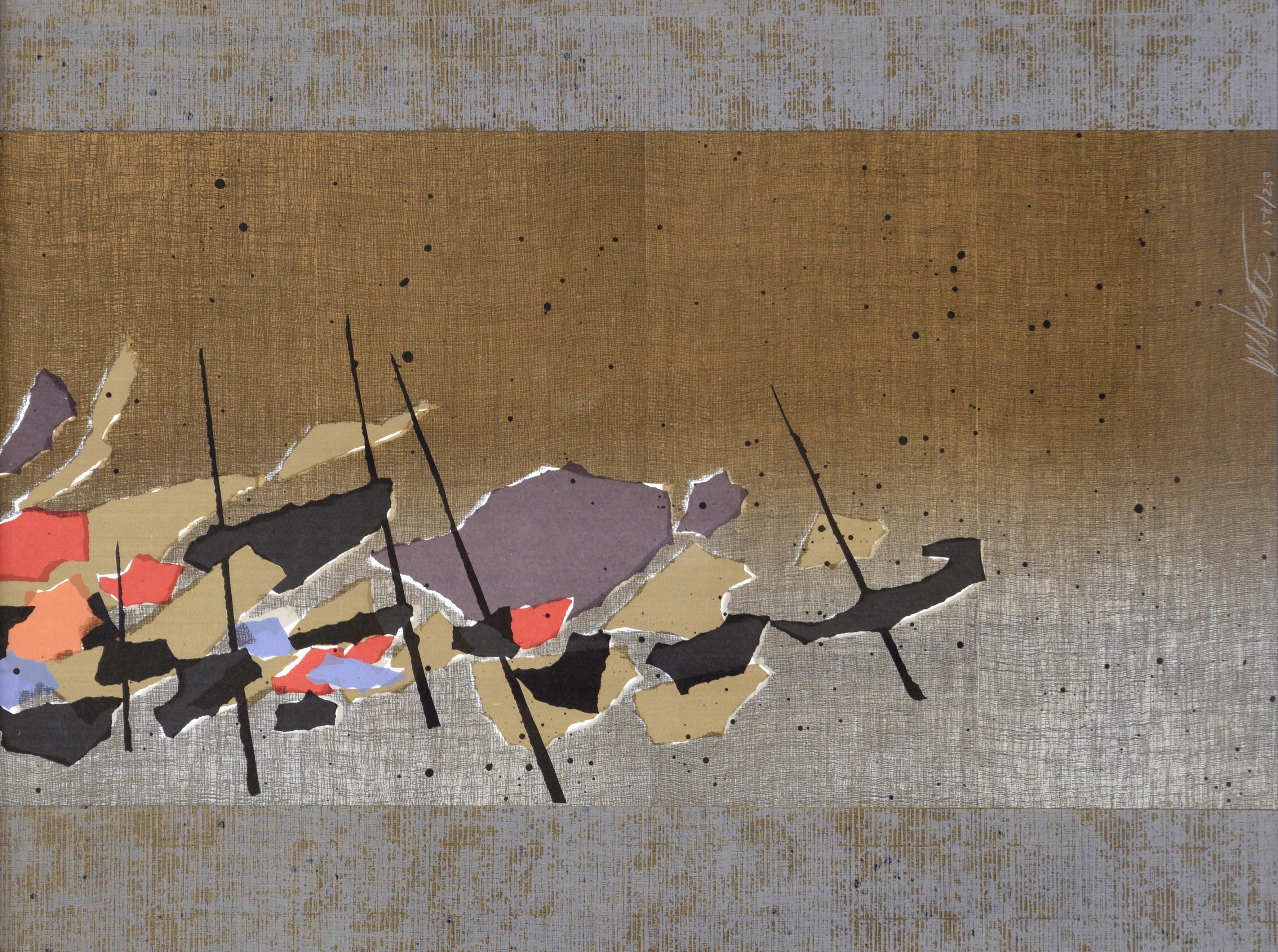 Japanese Fishing Boats, Abstract Diptych Screen Print - Brown Figurative Print by Unknown