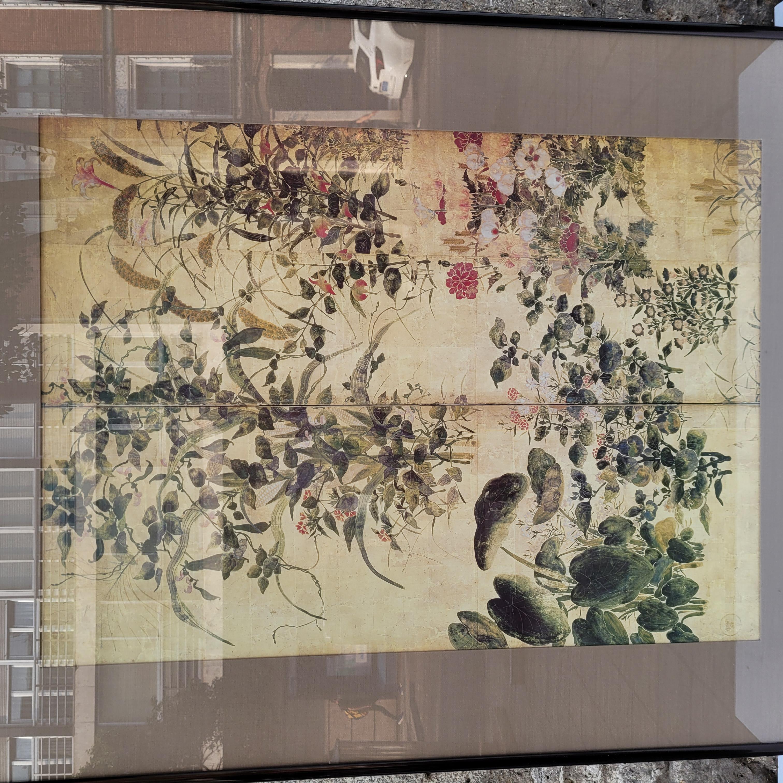 Japanese print on paper, fragment of a screen, Summer and Autumn Flowers  Tawara - Brown Figurative Print by Unknown