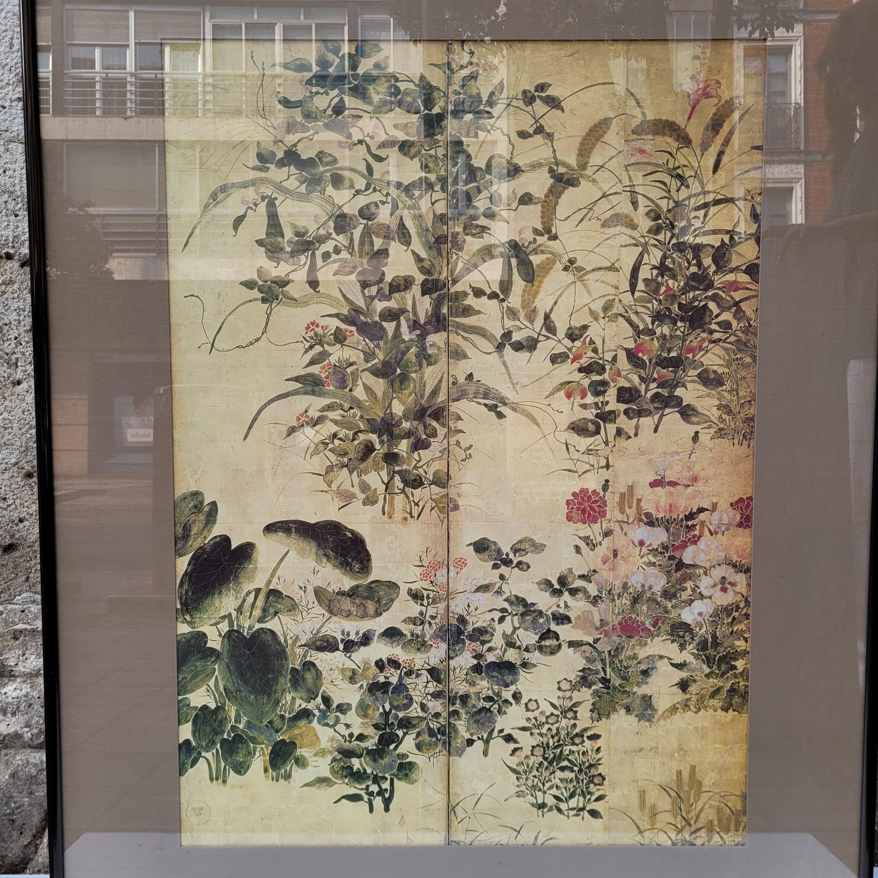 Japanese print on paper, fragment of a screen, Summer and Autumn Flowers  Tawara For Sale 1