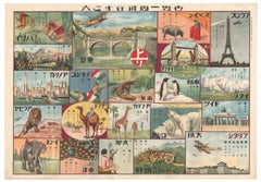 Japanisch Rund um die Welt  Sugoroku-Spielbrett mit Tiermotiven, 1925