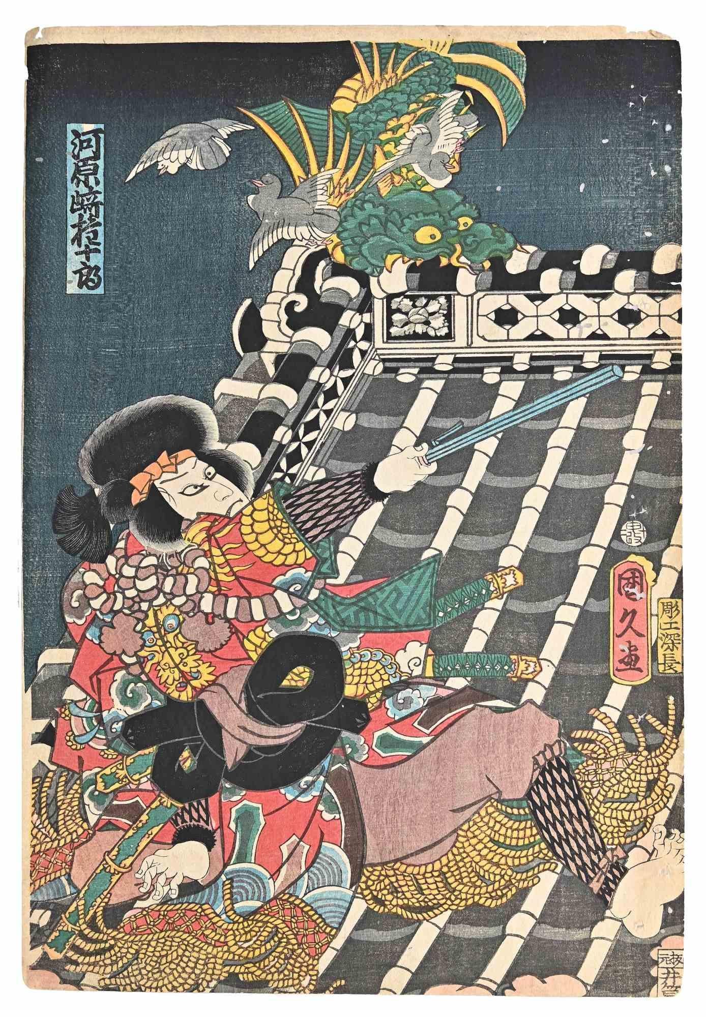 Unknown Landscape Print - Japanese Warrior - Woodblock Print - Mid-19th Cent.