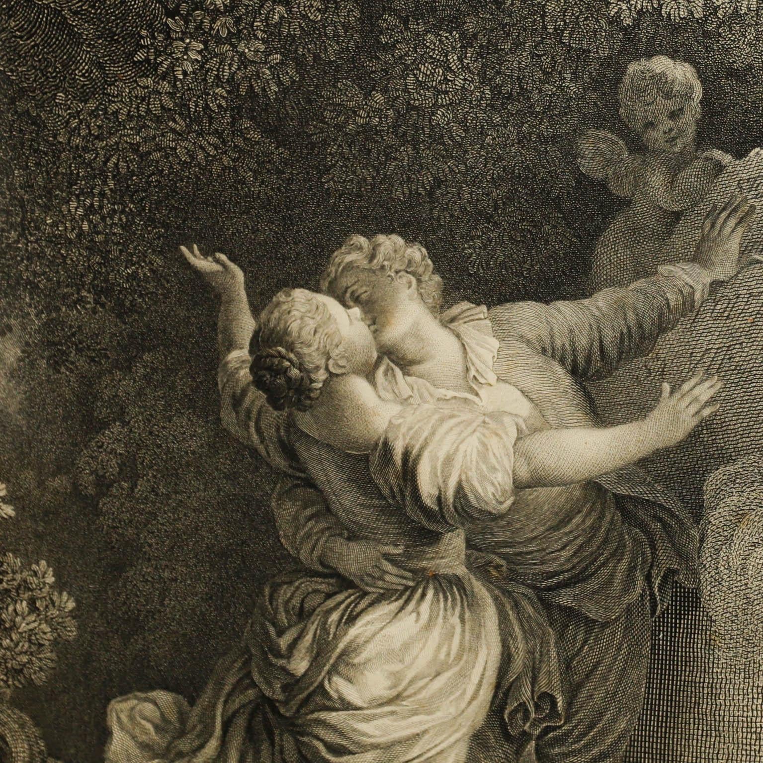 Une charmante gravure de Jean Mathieu d'après 'Le Serment d'Amour' de Jean Honoré Fragonard. Signé et inscrit dans la plaque. Présenté dans un cadre en bois rouge. Sur le papier.