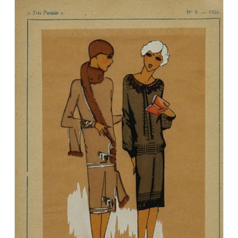 Glam art deco c1926 'Tres Parisien' fashion pochoir  No.8. w/ gouache highlights depicting two chic ladies of the day

Art Sz: 10 5/8
