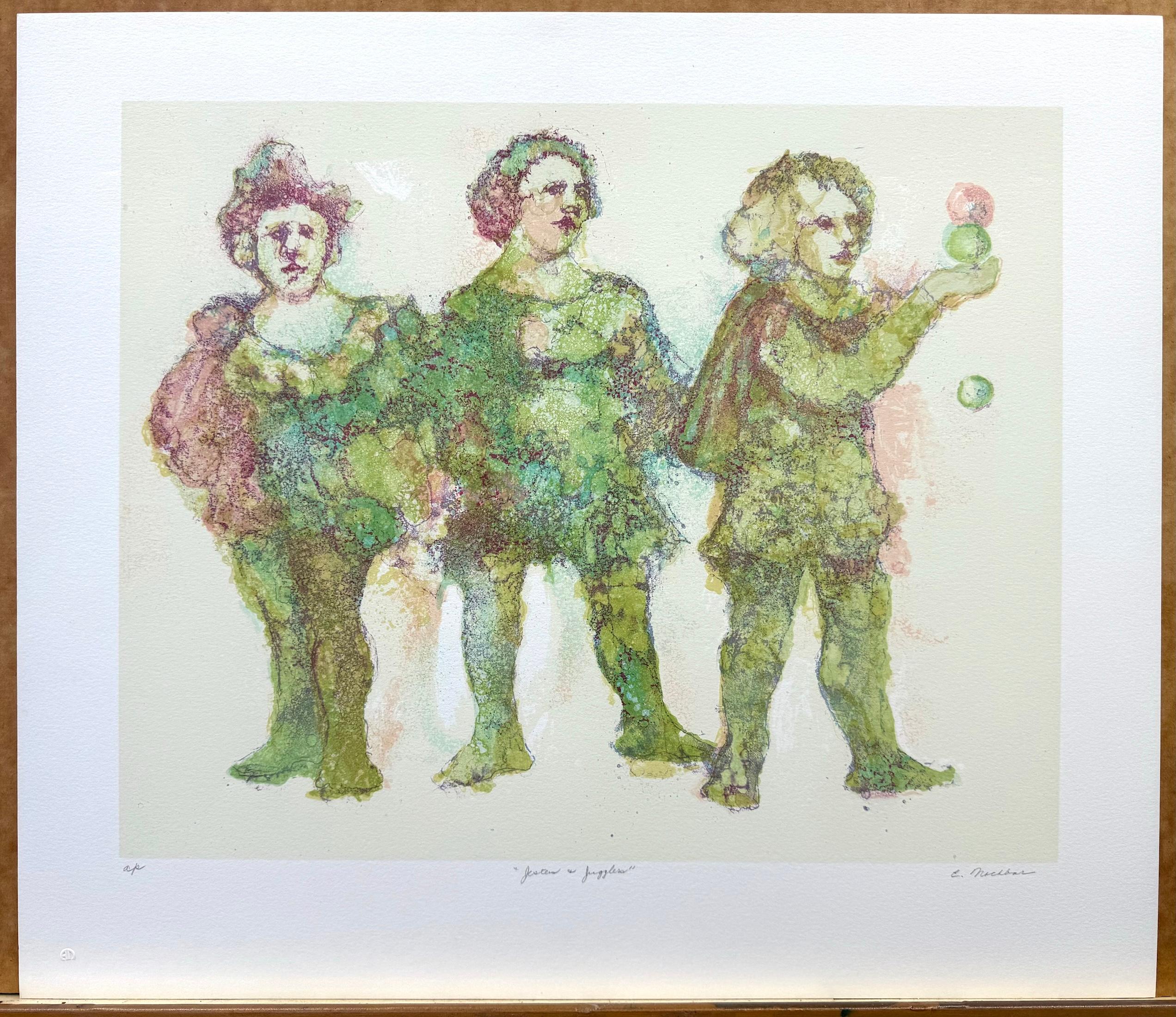 JESTERS AND JUGGLERS Signed Lithograph, Shakespeare, Pastel Colors, Green For Sale 4