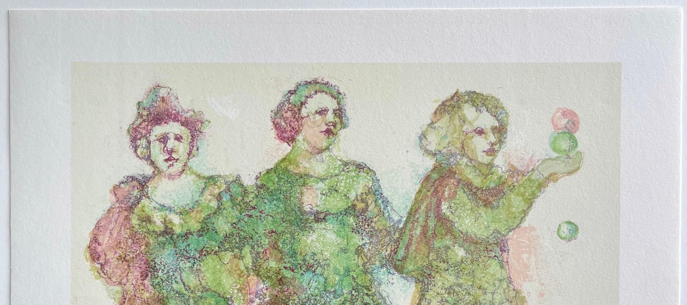 Lithographie signée JESTERS AND JUGGLERS, Shakespeare, couleurs pastel, Greene & Greene - Gris Figurative Print par Unknown