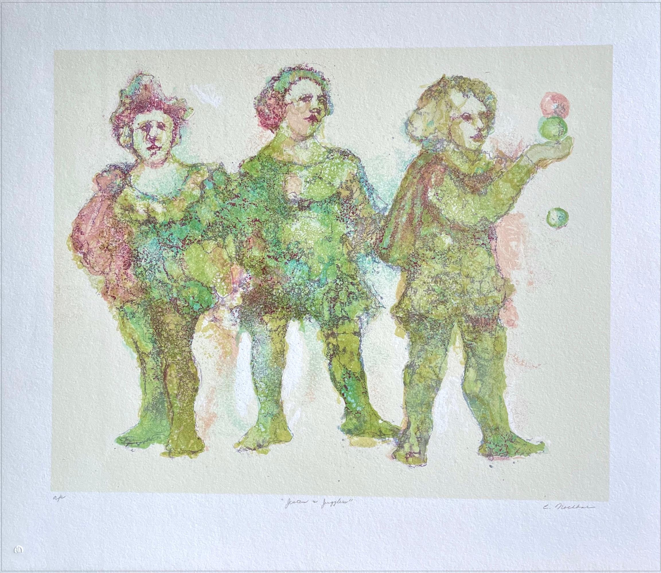 Figurative Print Unknown - Lithographie signée JESTERS AND JUGGLERS, Shakespeare, couleurs pastel, Greene & Greene